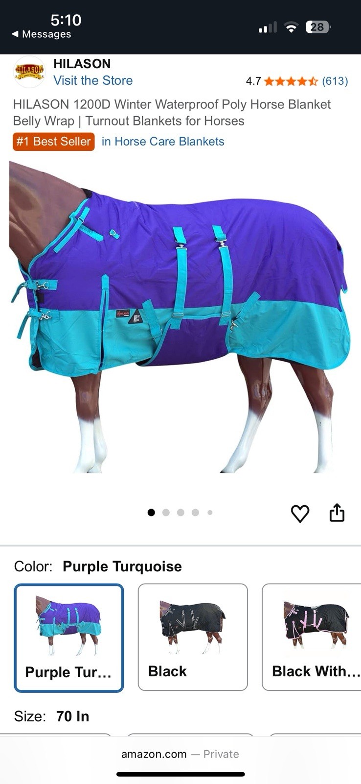 70" 1200D Horse Turnout Waterproof Heavy-Weight Winter Blanket
