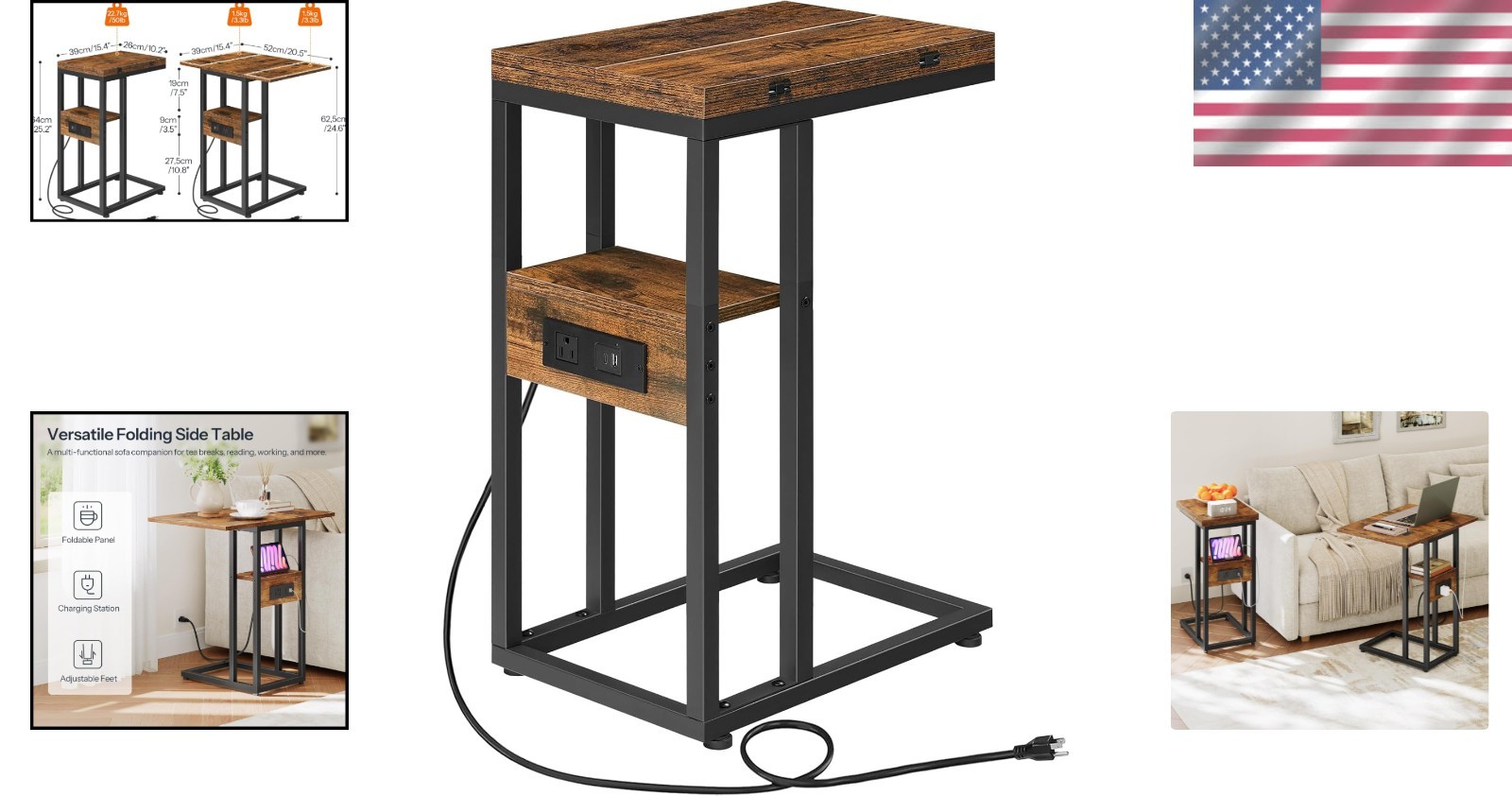 Multi-Functional Rustic C-Shaped Table with Charging Station for Modern Living