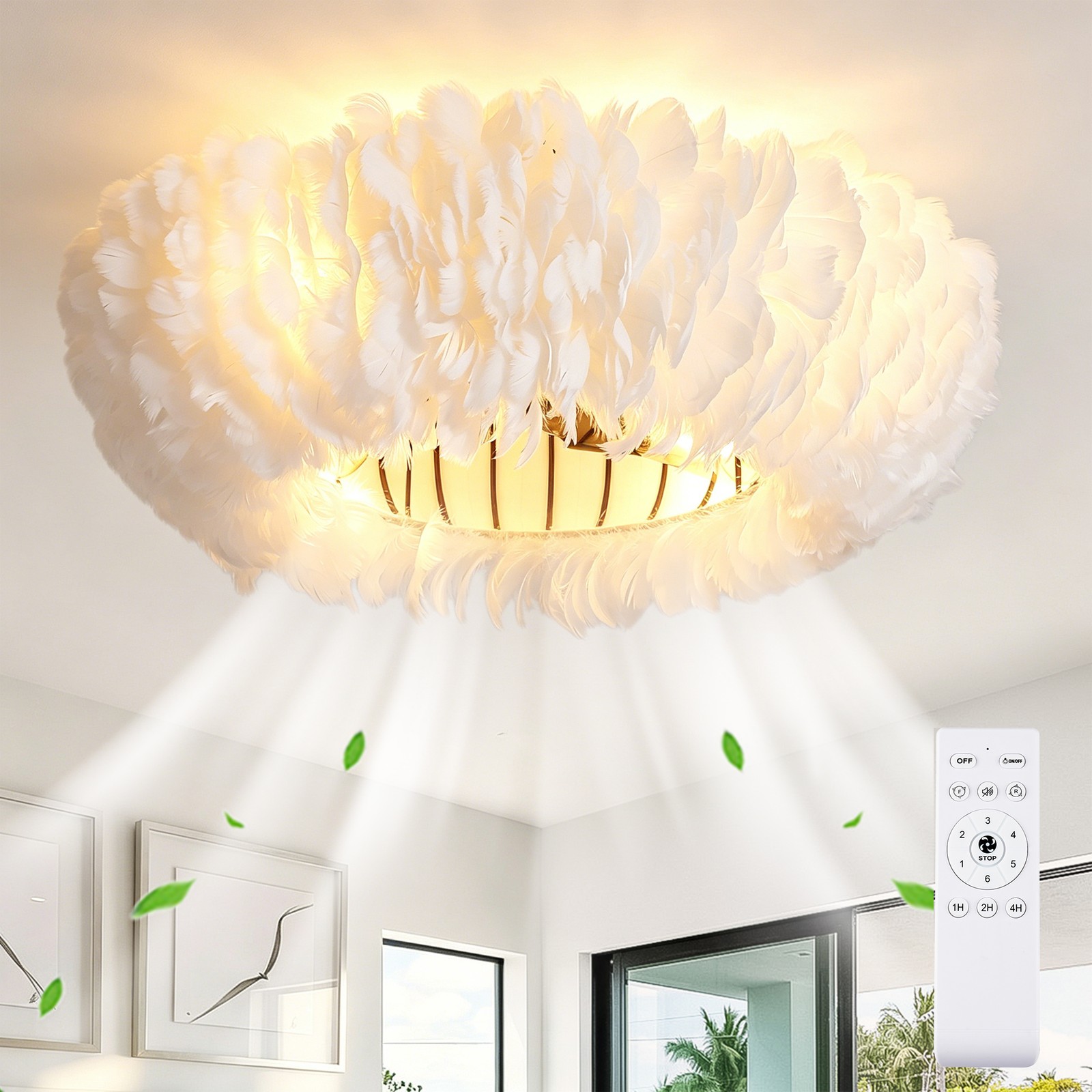 20" Feather-Dressed Caged Ceiling Fans with Remote, Flush Mount Ceiling Fan