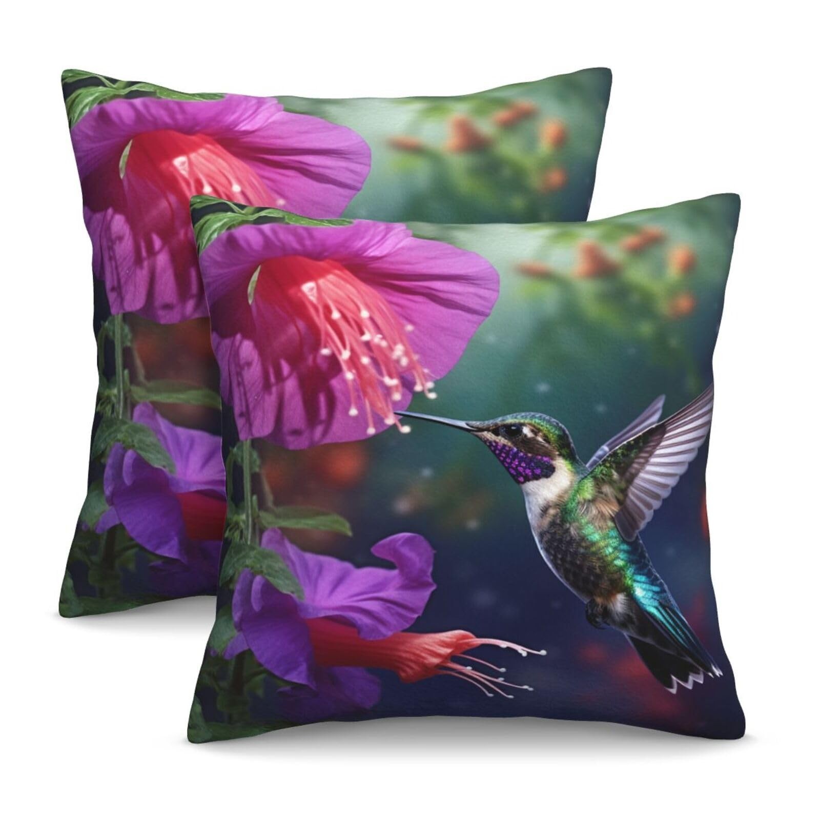 Famame Decorative Pillow Covers Set of 2 Hummingbird Purple Flowers Throw Pil...