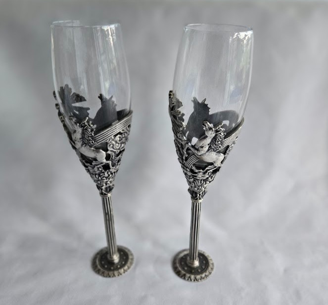 Myths and Legends Unicorn Pewter Wine Champagne Glasses by Veronese Set of  2