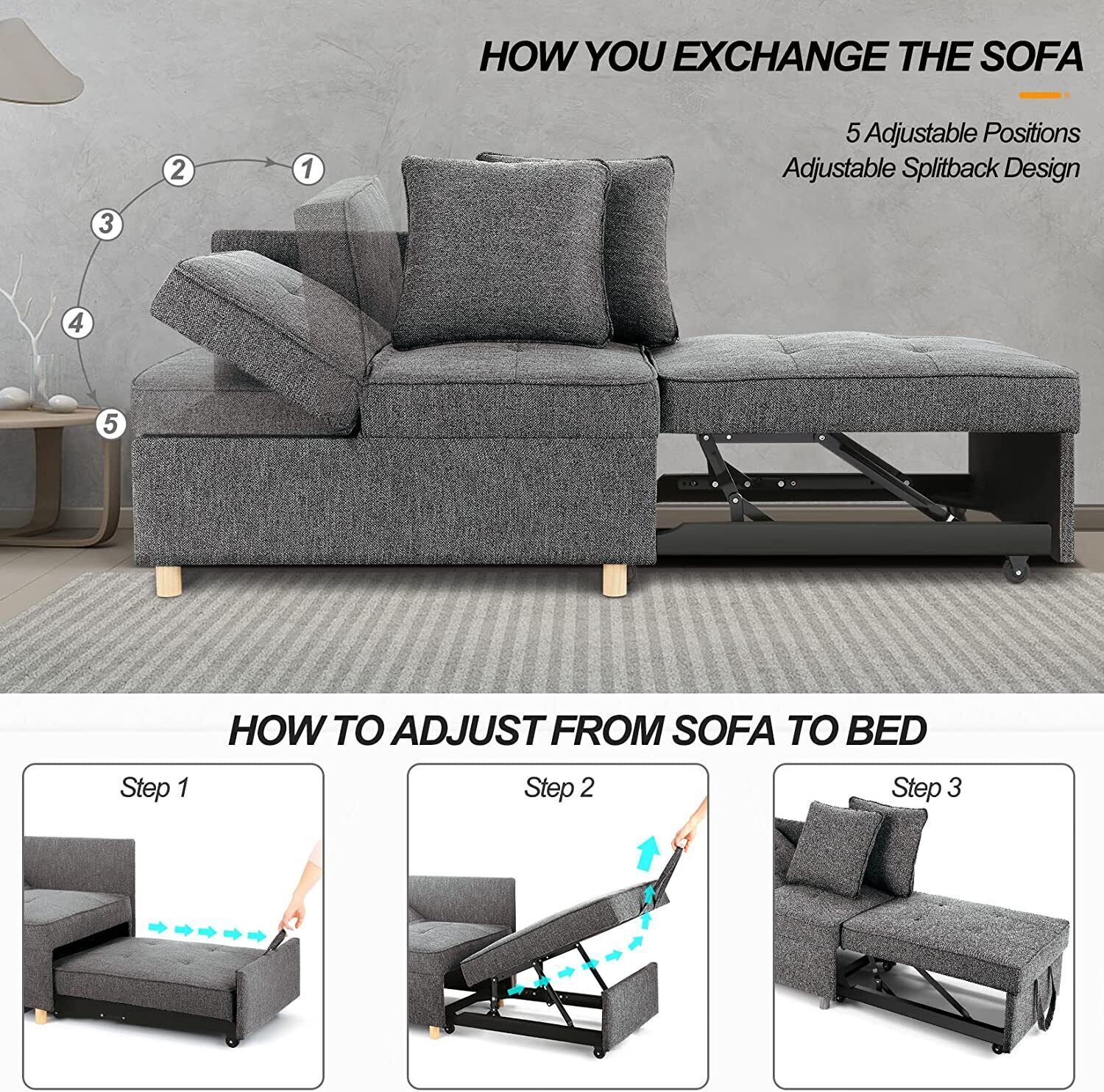 4-in 1 Folding Sleeper Chair Sofa Bed | 3-Seat Linen Fabric Love Seat Sofa Relax