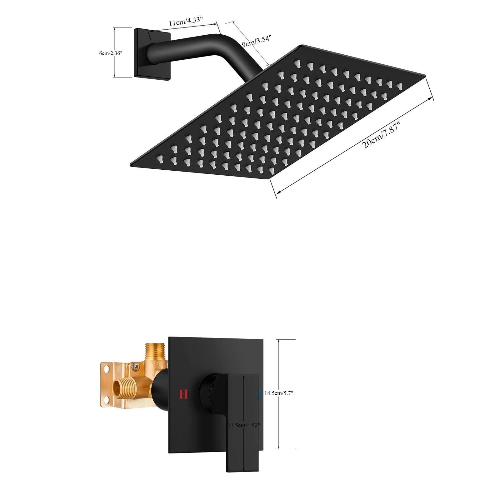Black Shower Faucet Set 8"Rainfall Shower Head Combo System with Mixer Valve Kit