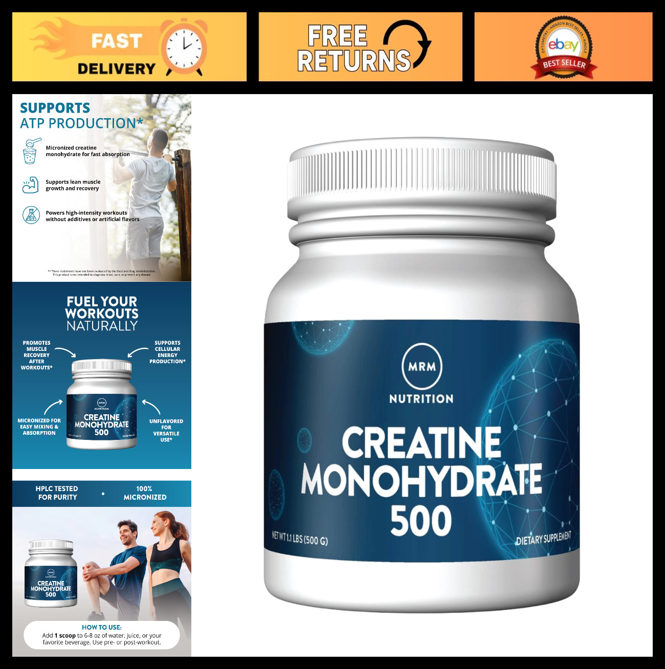 Creatine Monohydrate 500g - Pure Micronized Powder for Muscle Recovery, Energy,