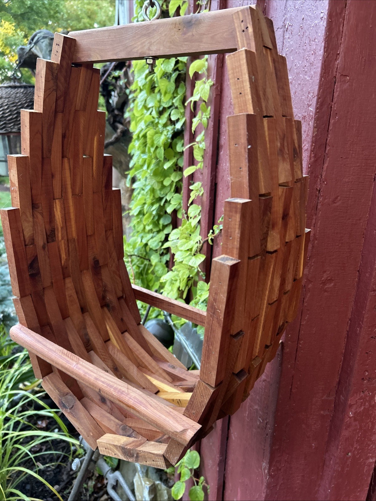 Vintage Wooden Geometric Hanging Teak Block Basket  Plant Holder Hand Made MCM