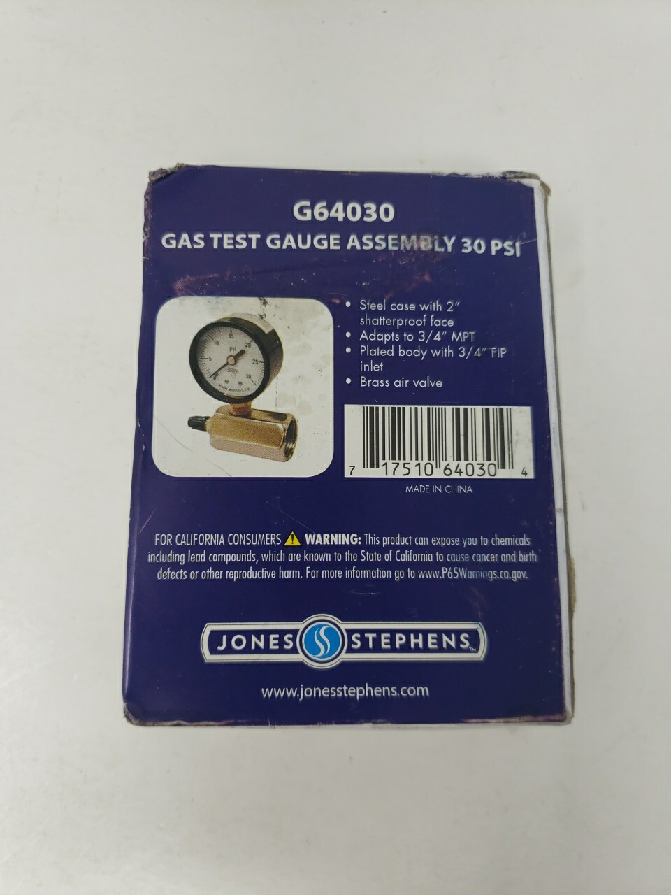 Jones Stephens G64030 2" 30 PSI Gas Test Guage Assembly
