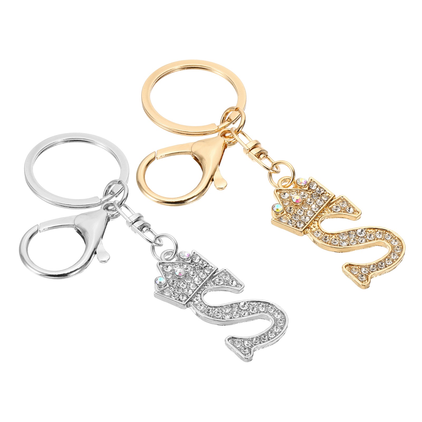 Initial Letter Keychain, 2 Pcs Letter S Crown Design Charm, Gold/Silver