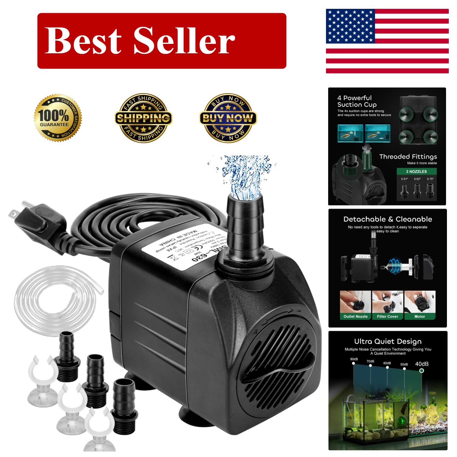 550GPH Ultra Quiet Submersible Pump with 7.2ft Lift & Adjustable Flow Control