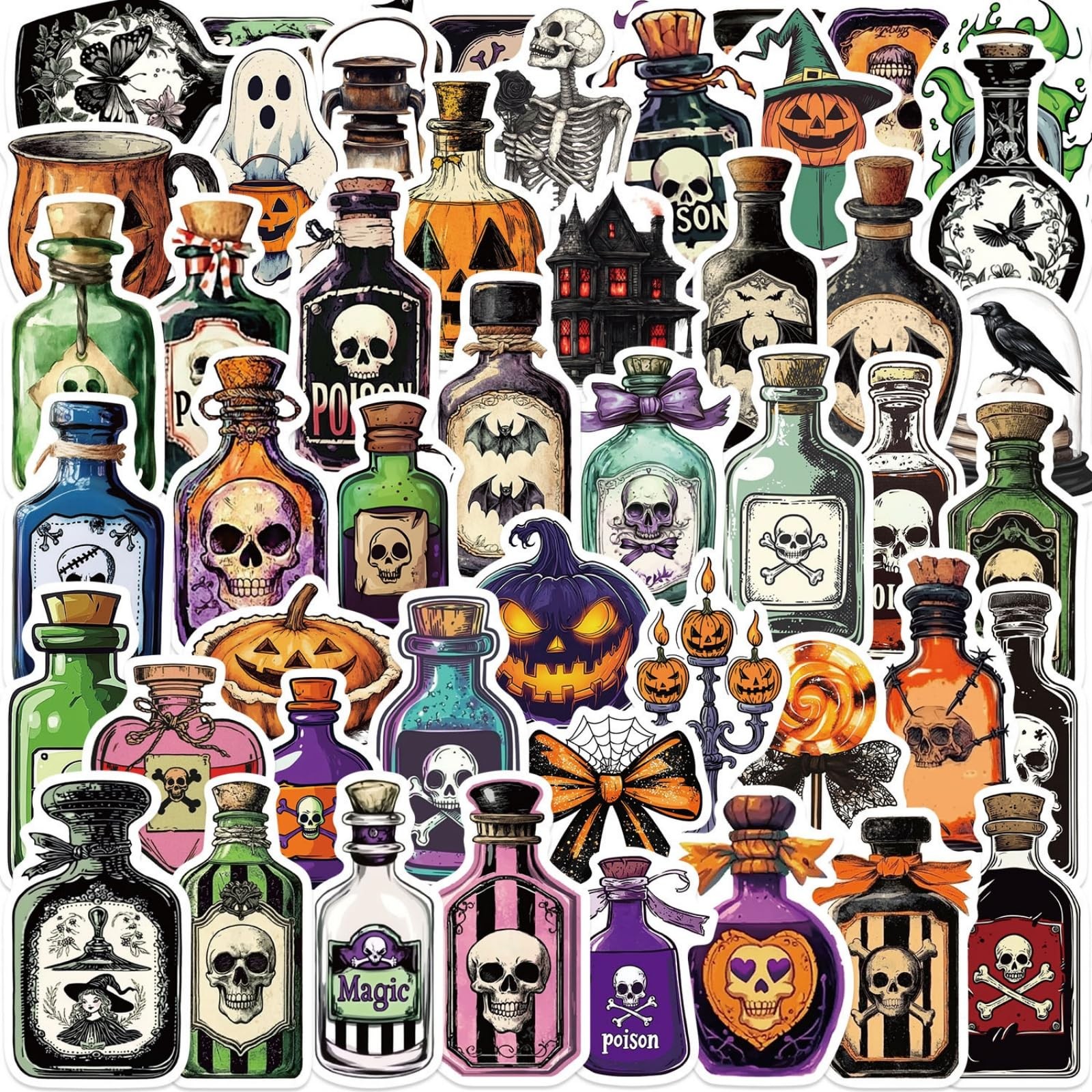 50Pcs Halloween Potion Labels Stickers, Vintage 1.97--2.36 inch, Colours