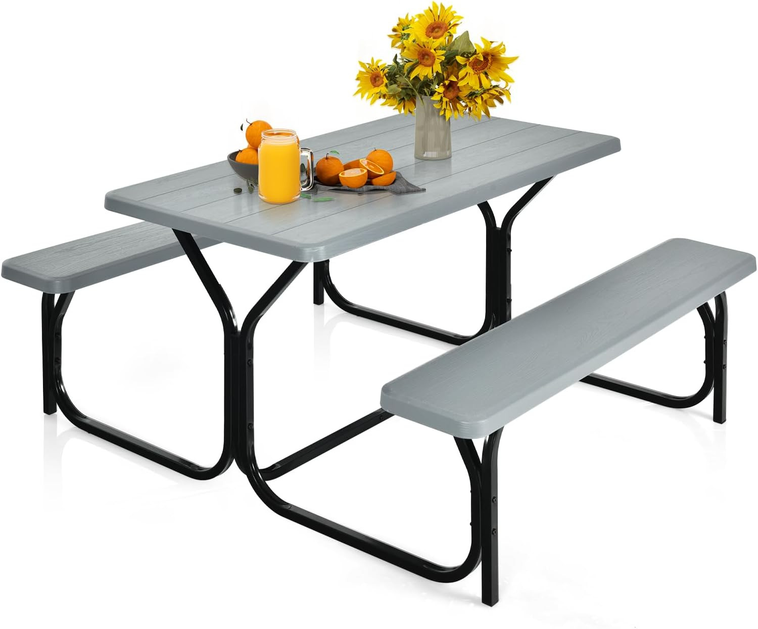 Portable Picnic Table with Benches, Plastic Bench Set with Metal Frame & All Wea