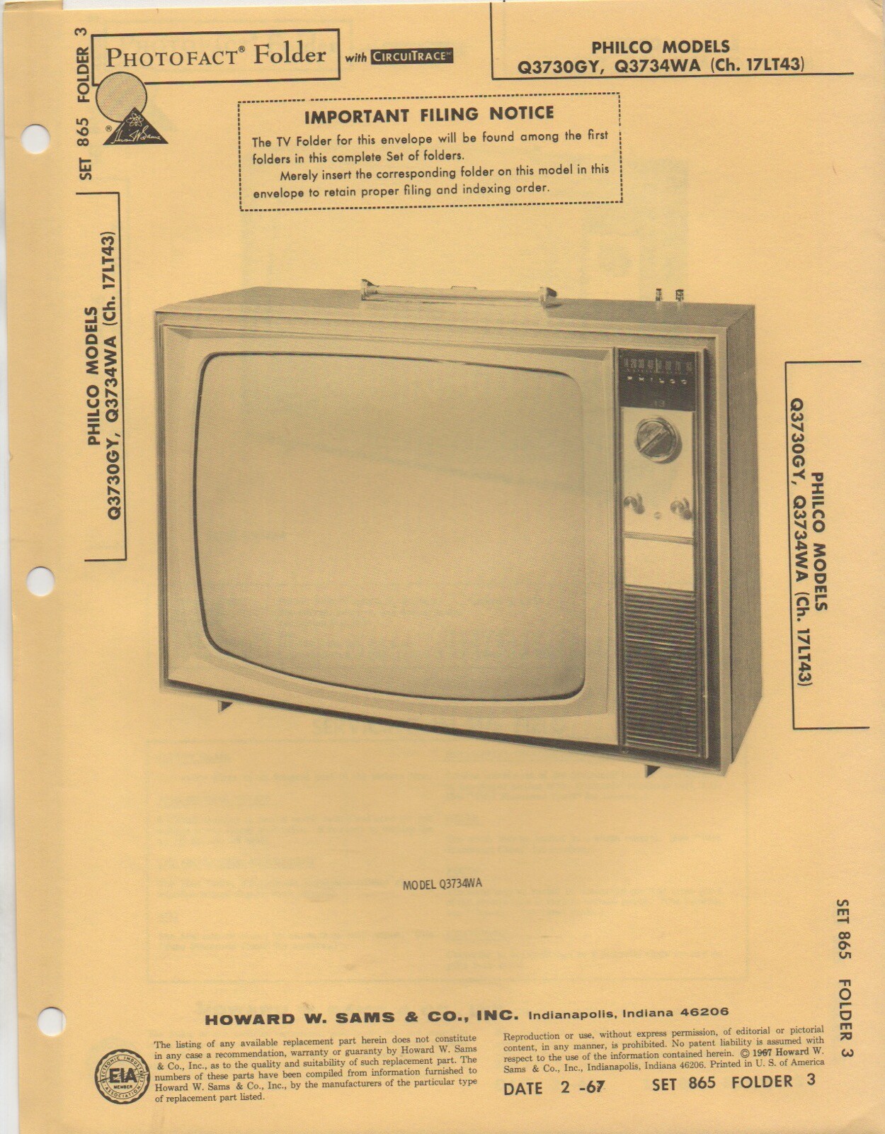 1967 PHILCO Q3730GY TELEVISION SERVICE MANUAL SCHEMATIC PHOTOFACT Q3734WA 17LT43