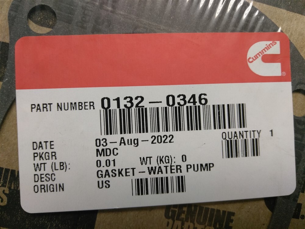 Cummins 0132-0346 Water Pump Gasket Genuine OEM