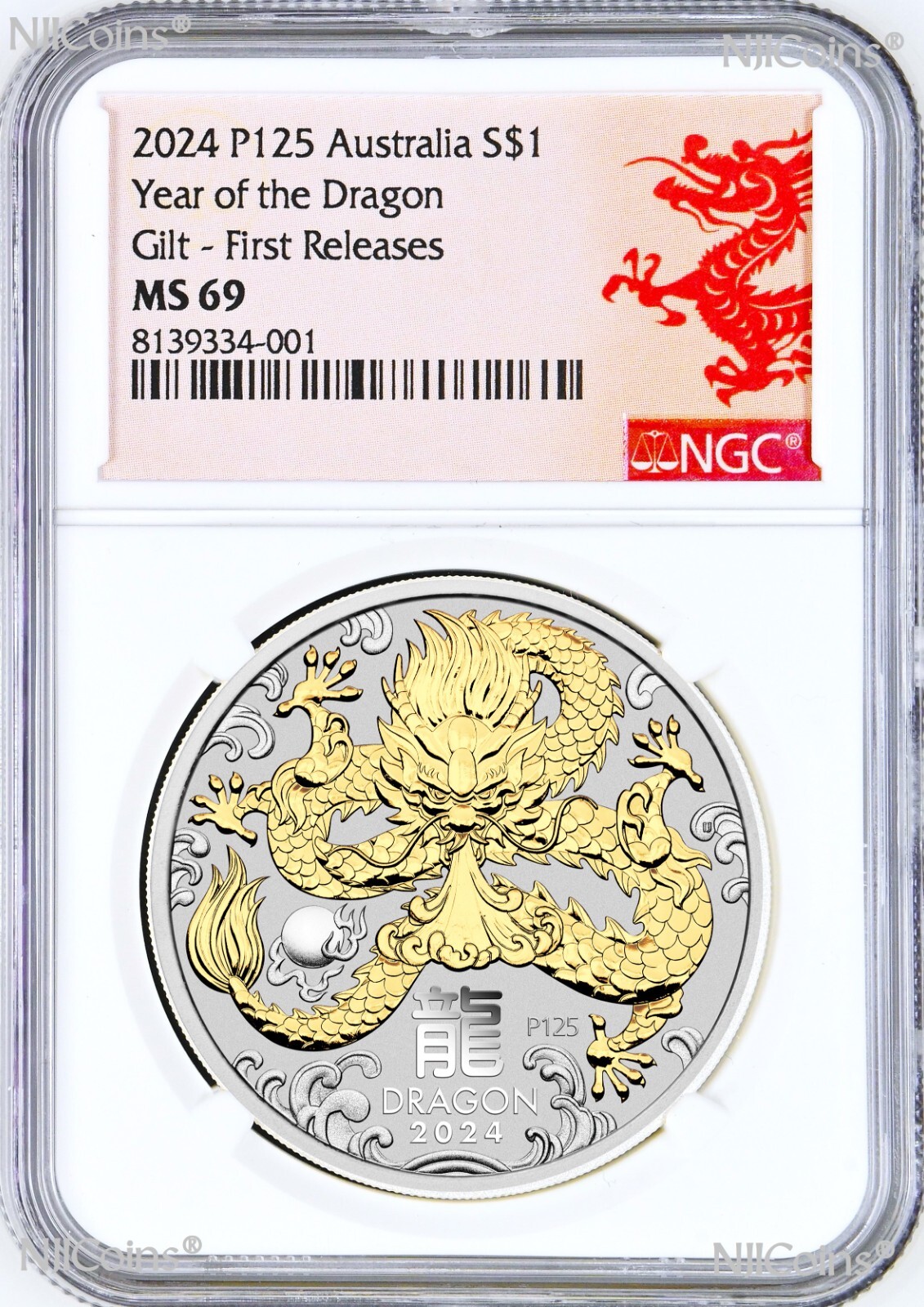 2024 Australia GILDED Silver Lunar Year of the DRAGON NGC MS 69 1oz Coin FR GILT