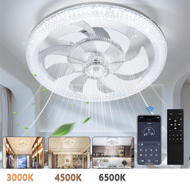 19" Modern Fan Lights Flush Mount LED Ceiling Light kit With Remote APP Control