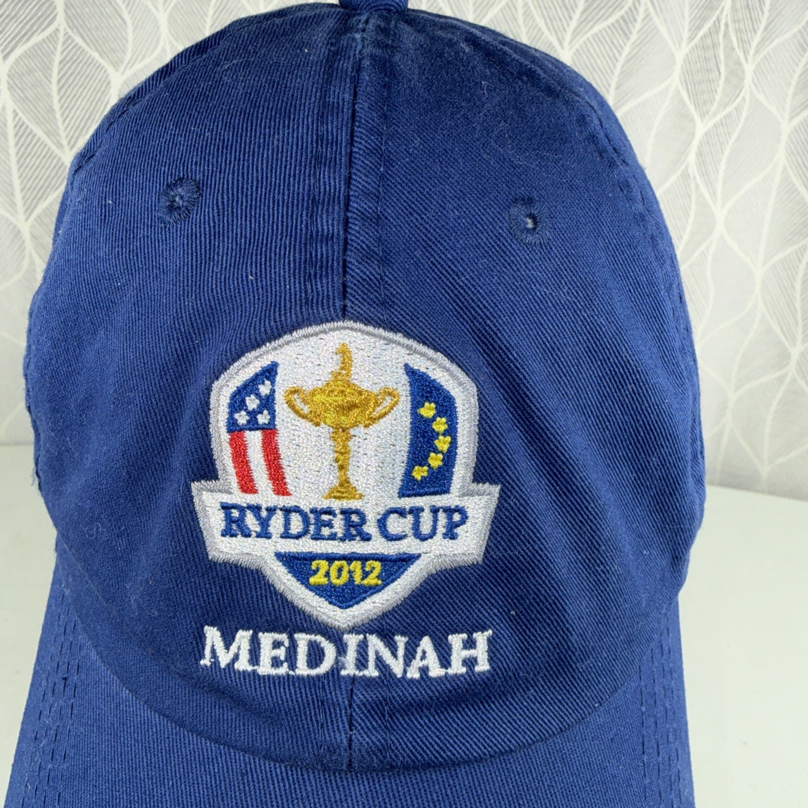 Ryder Cup 2012 MENDINAH Shield Patch Hat Cap Royal Blue w Gold RWB Hook Loop