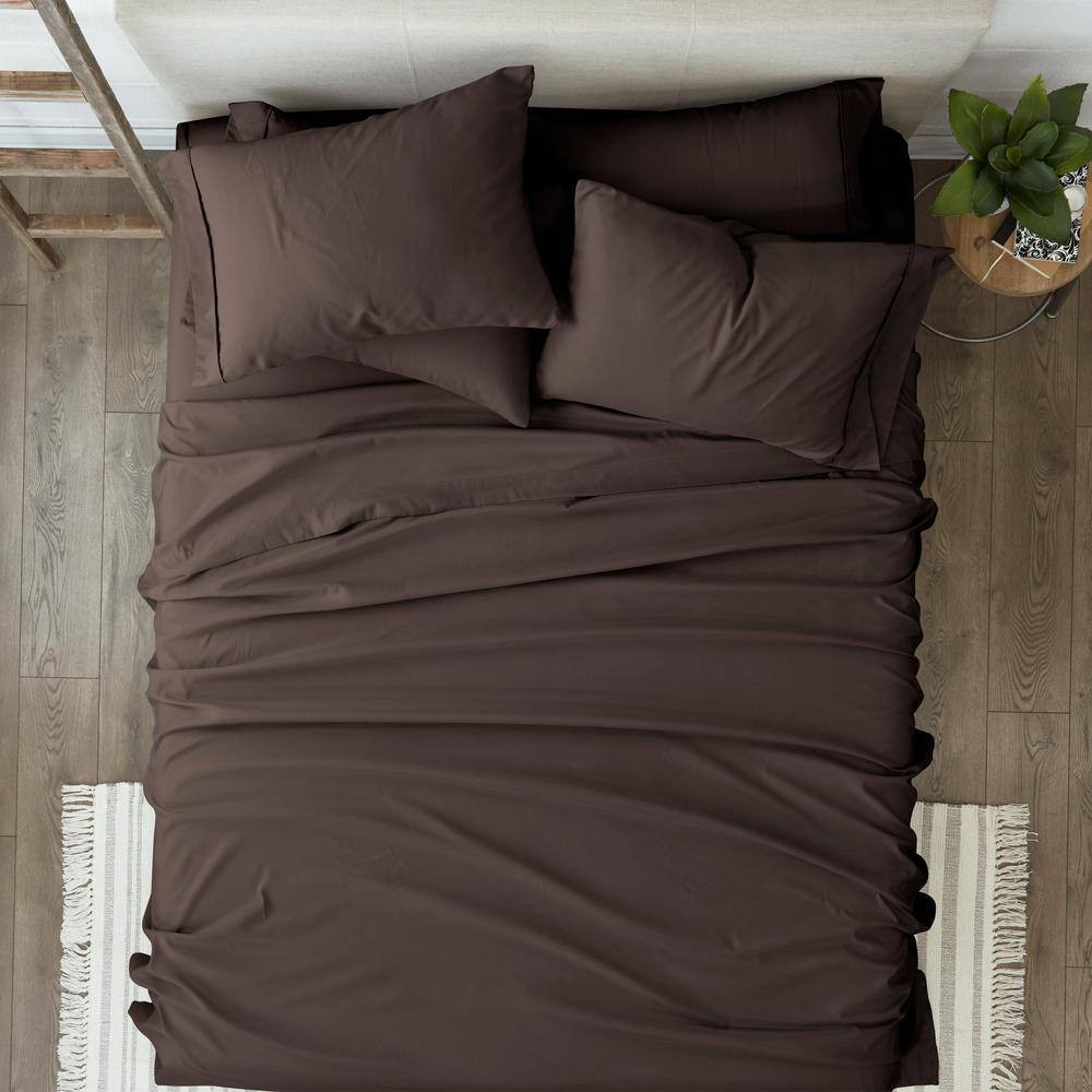 6-Piece Chocolate Solid Microfiber Queen Sheet Set Free Shipping New