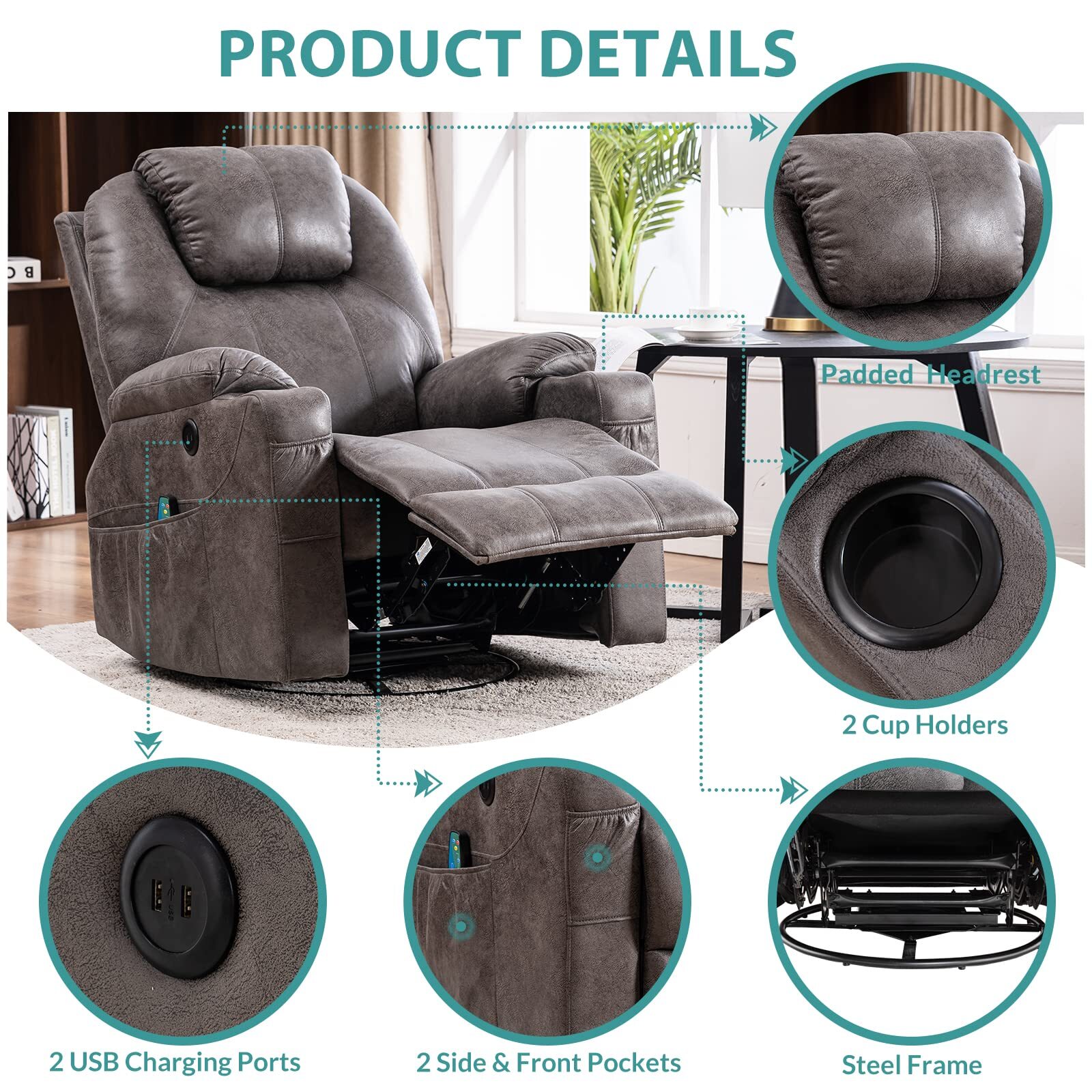 Massage Recliner Chair Swivel Rocker Glider Heated Rocking Recliner W/ USB Ports