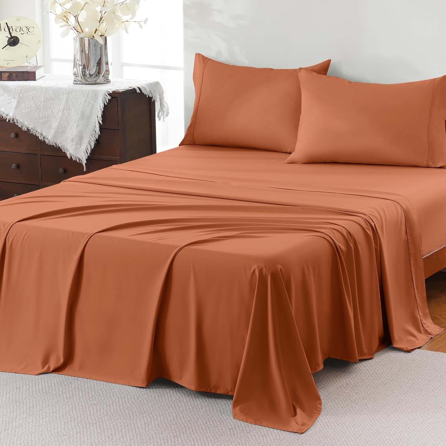 Full Sheet Set,4 Pieces Hotel Luxury Breathable Soft Microfiber Bedsheets Anti