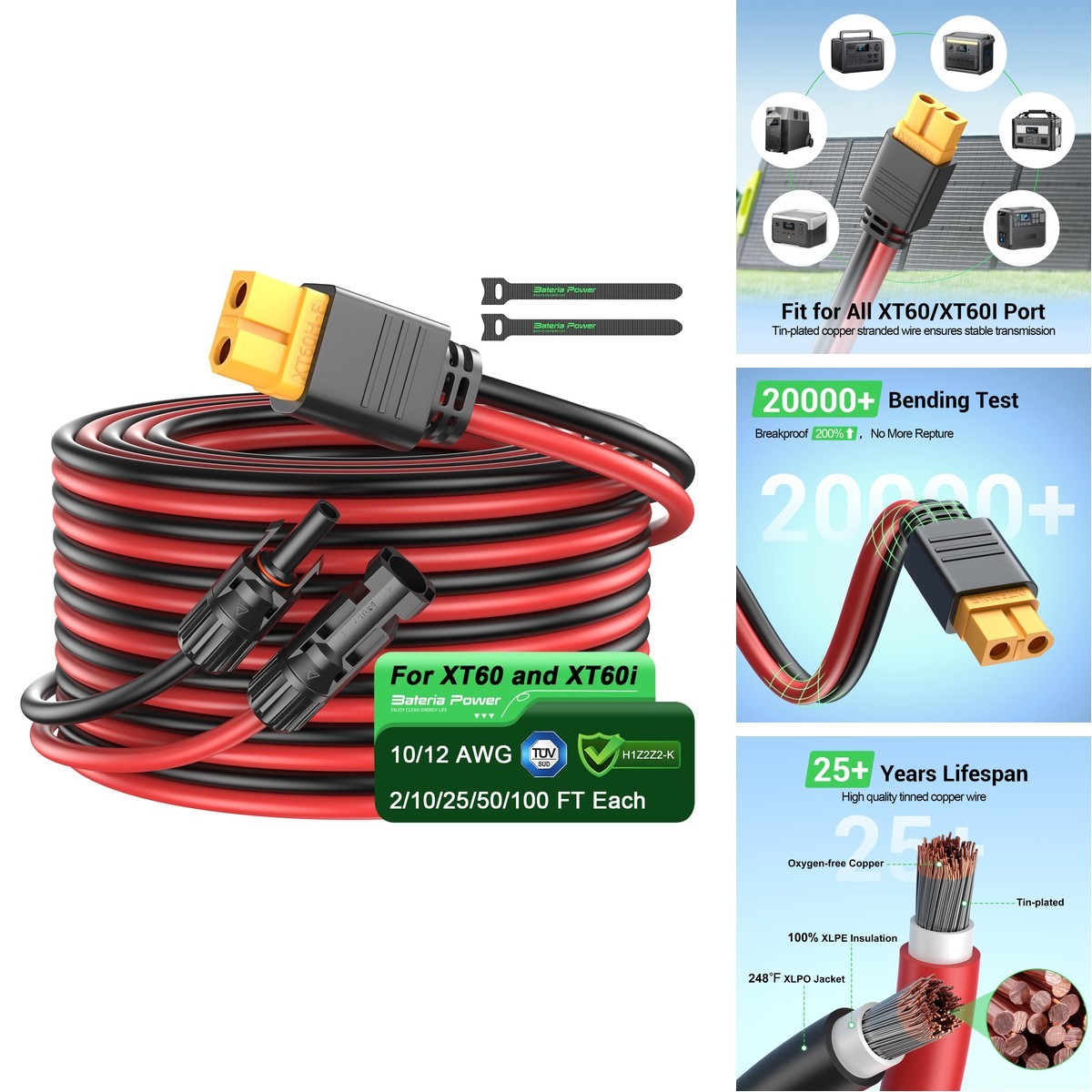 Bateria Power XT60 Solar Extension Cable 50FT1-15.24M 12AWG for RV Portable