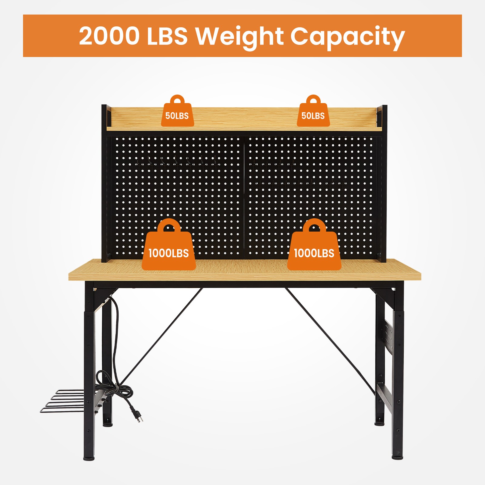 Height Adjustable Pegboard Workbench 2000lb Capacity 4AC/2USB Outlets