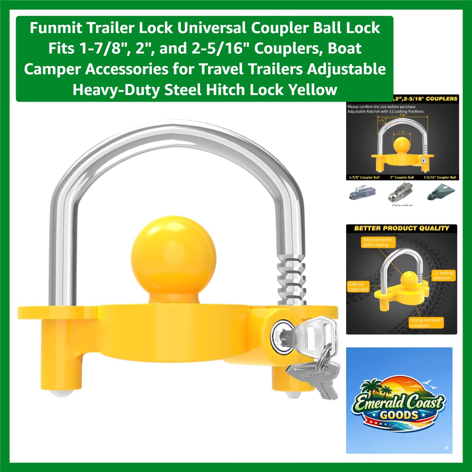 Universal Coupler Ball Lock Fits 1-7/8", 2", and 2-5/16" Couplers, Boat Campe...