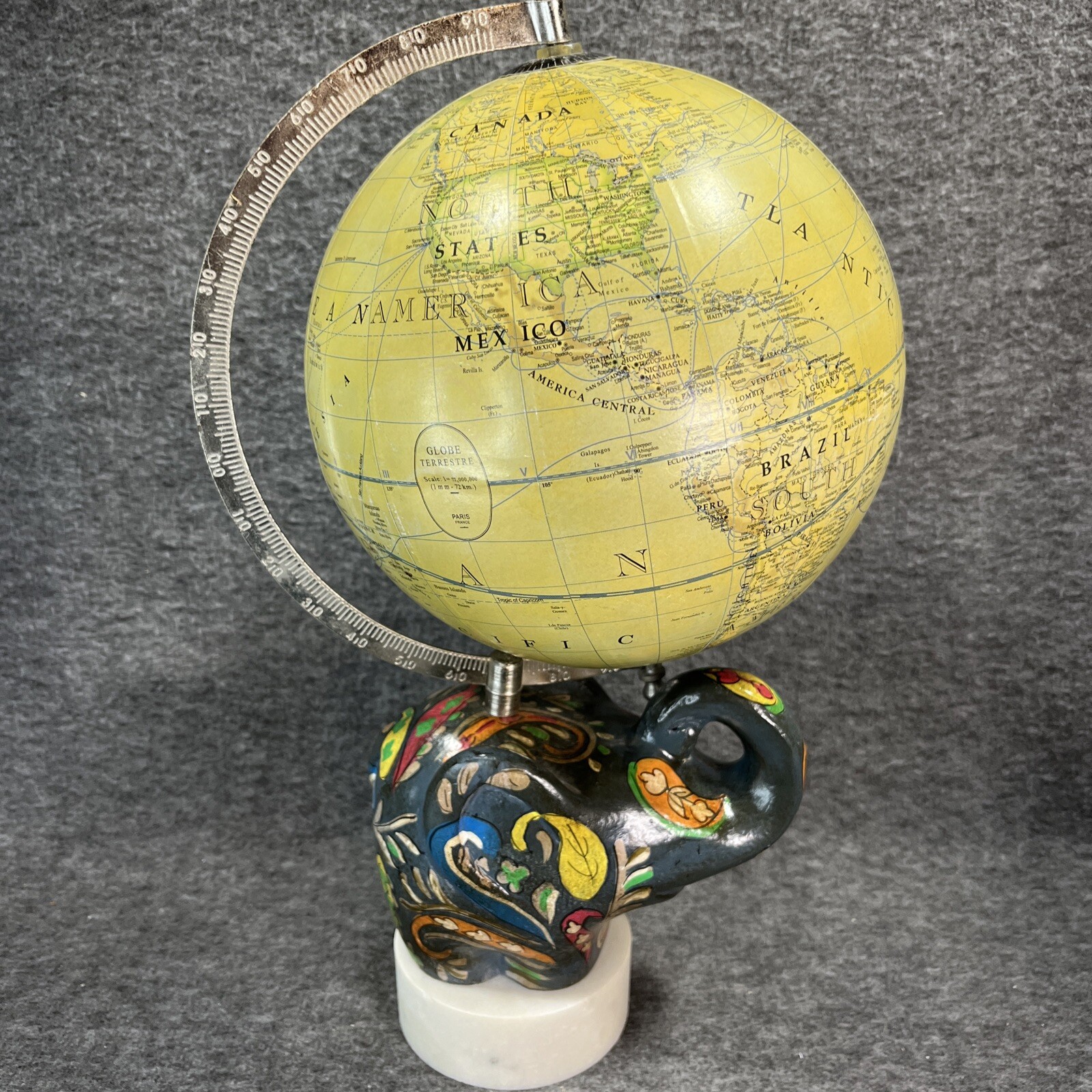 Stone Elephant World Globe on Painted  on Marble Base Art Deco Rare 16” Tall