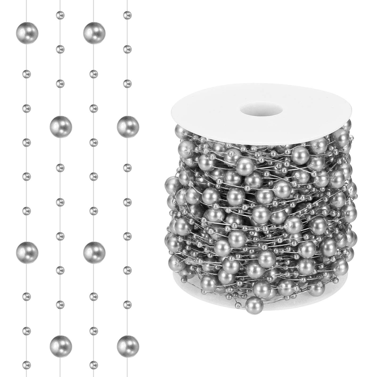 98 Feet Artificial Pearl String, Faux Pearl Beads Vases Filler, Gray