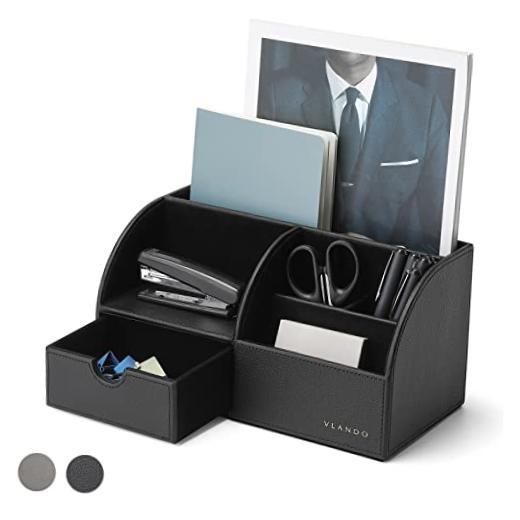 Office Desk Organizer -  Leather Desktop Organizer Caddy with Drawer for Black