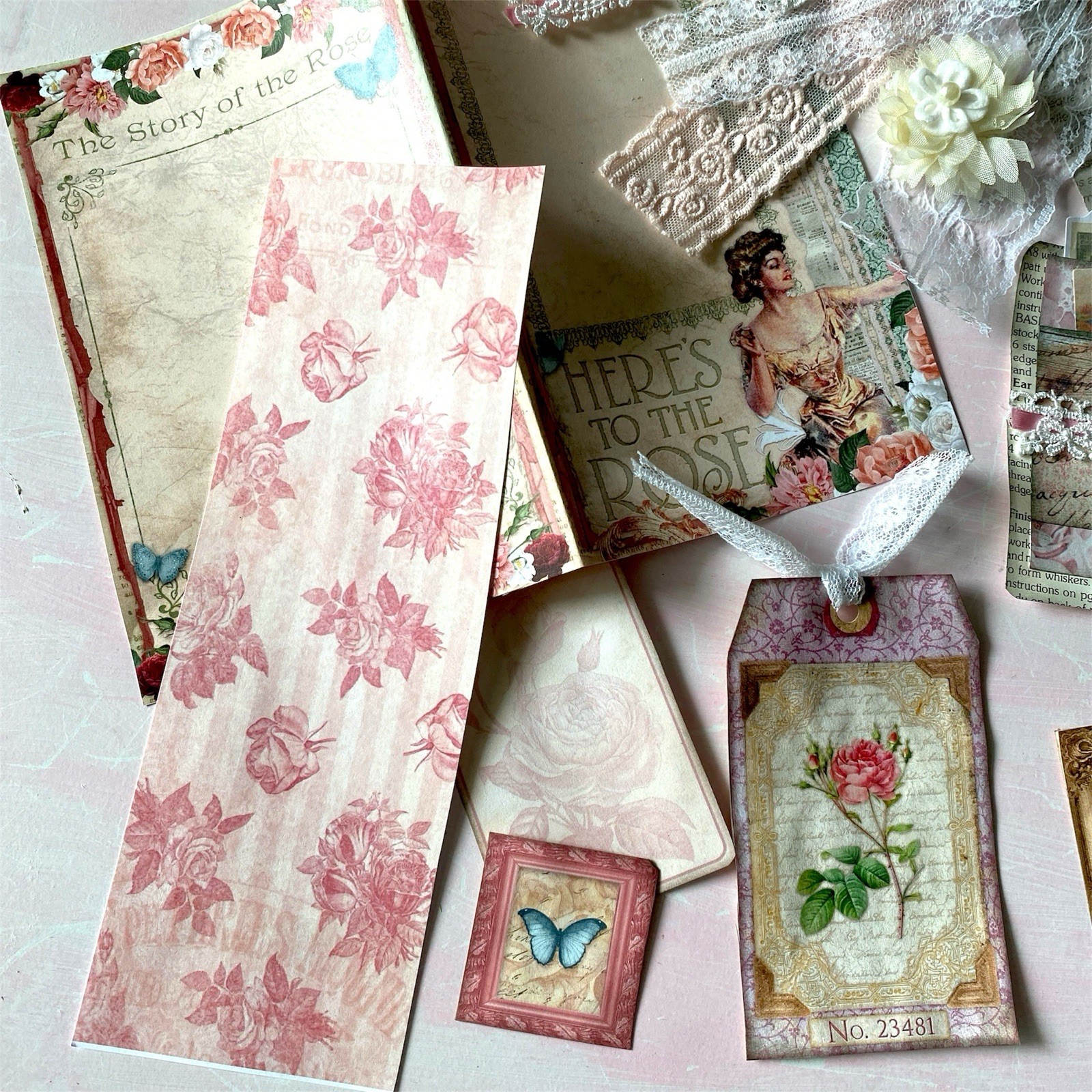 10pc Shabby Chic Handmade Junk Journal Making Kit Ephemera, Lace, Cards, Pockets