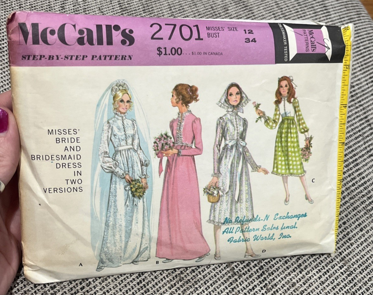 LOVELY VTG 1970s WEDDING  DRESS McCALLS 2701 Sewing Pattern SZ 12 - COMPLETE