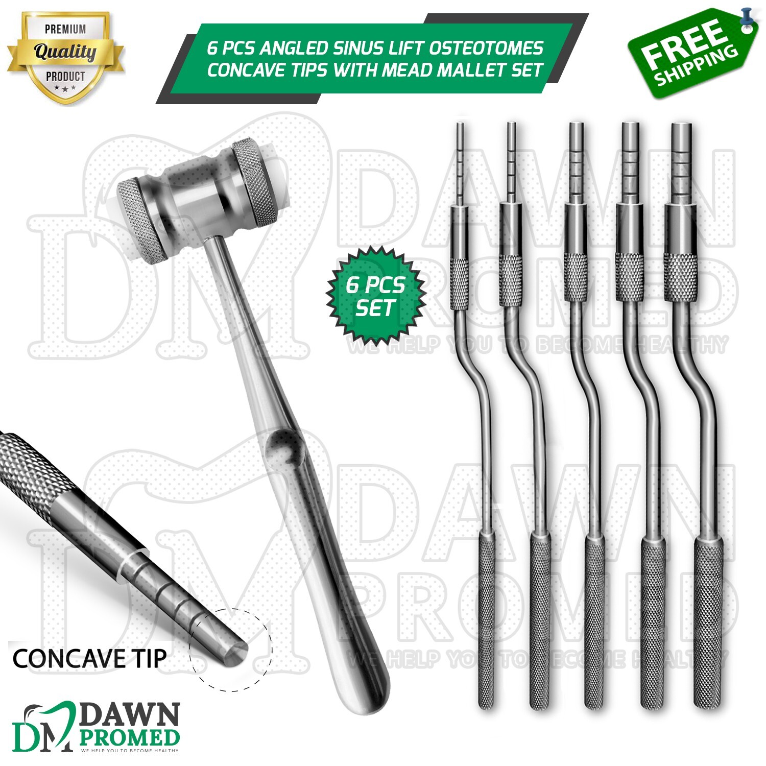 6 Pcs Angled Sinus Lift Osteotomes CONCAVE Tips With Mead Mallet Set German Gr
