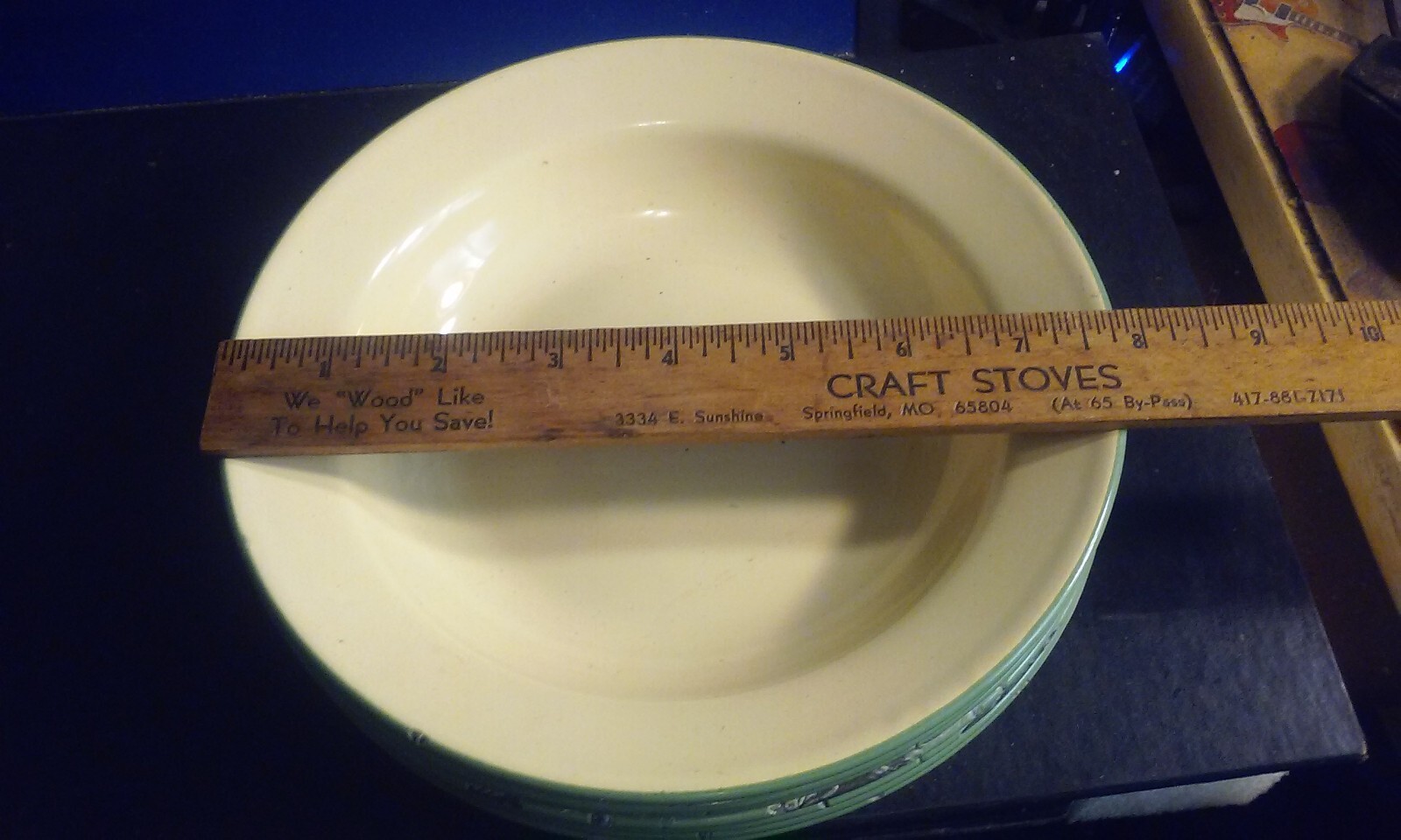 Lot 9 Antique Bumper Harvest Metal & Porcelain Enamel 8” Shallow Bowls Camping