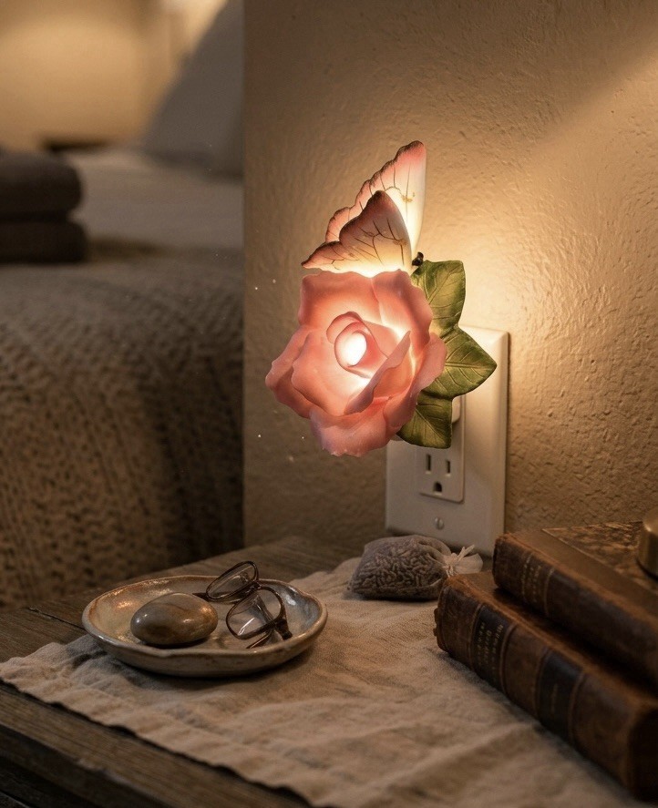 VTG Capodimonte Porcelain Soft Pink Rose Butterfly Nightlight - FREE SHIPPING