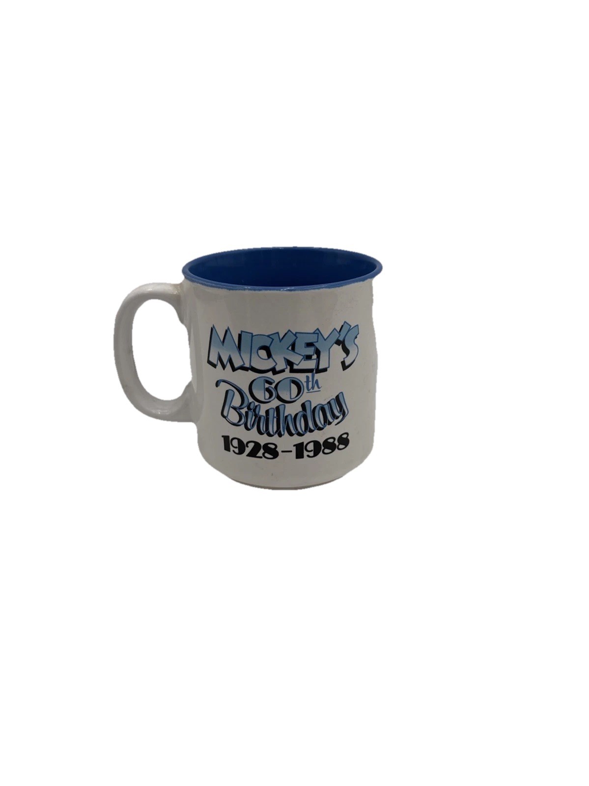 Vtg. Disney Mickey's 60th Birthday Ceramic Coffee Mug. White / Blue Japan EUC
