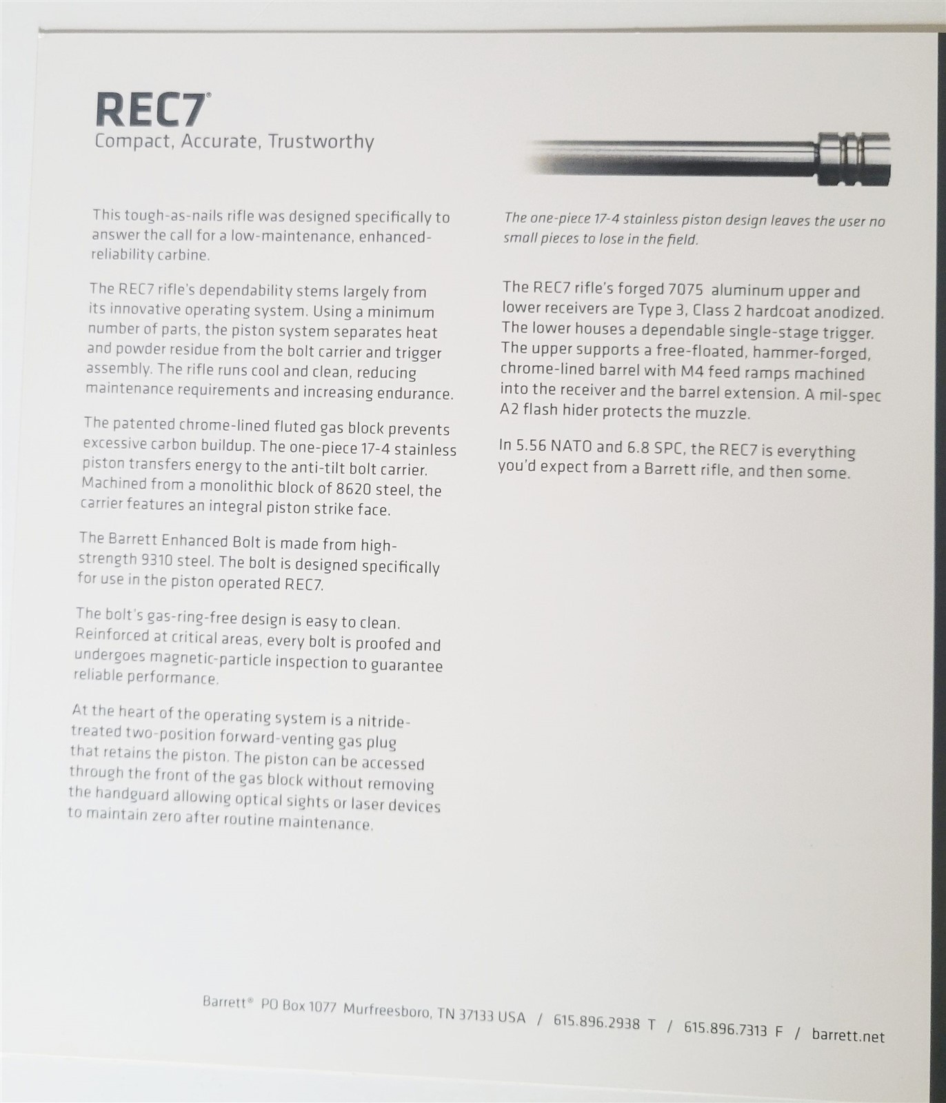 Barrett REC7 Data Sheet Firearms Military