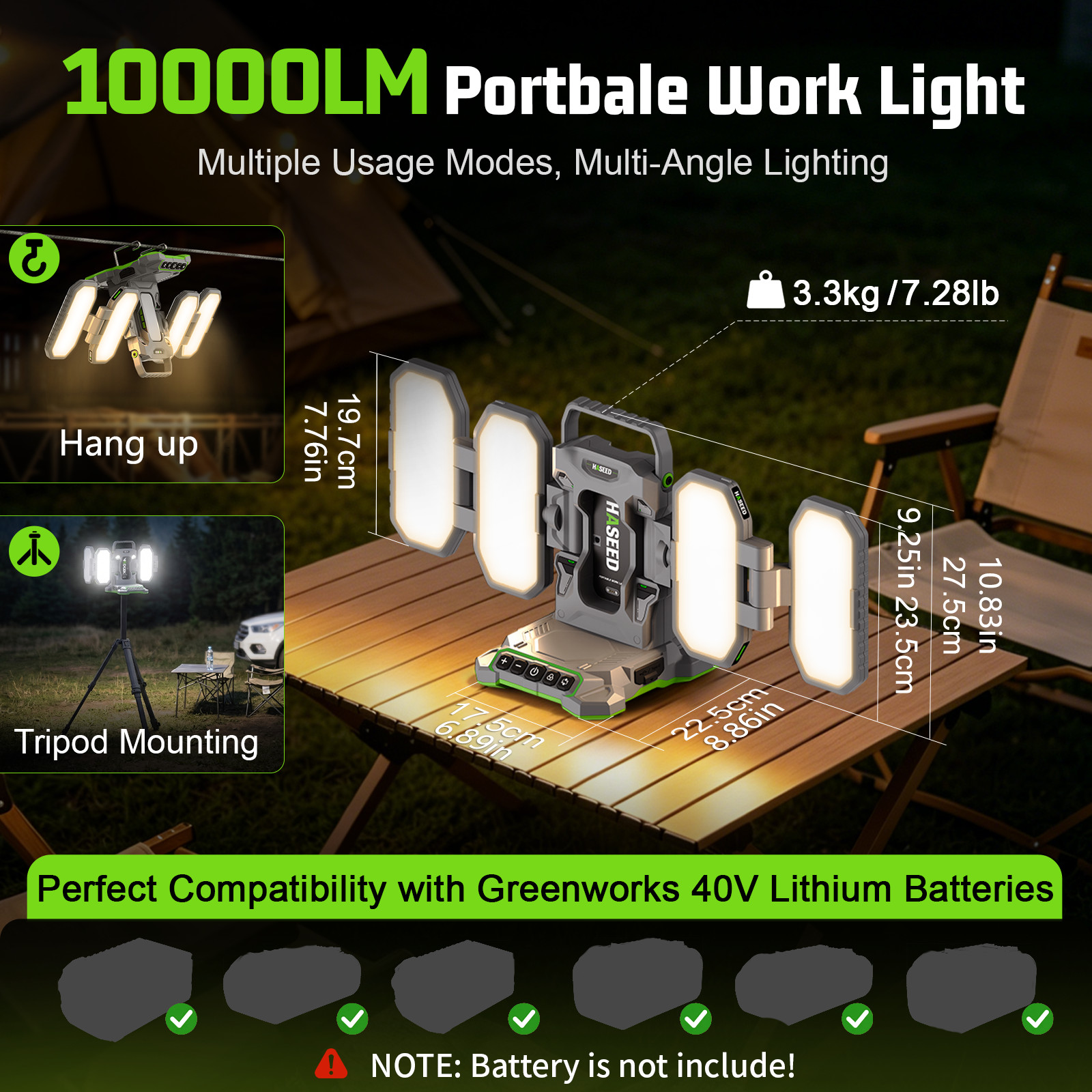 10000LM LED Work Light for Greenworks 40V Battery Foldable 4 Panel PD3.1 140W