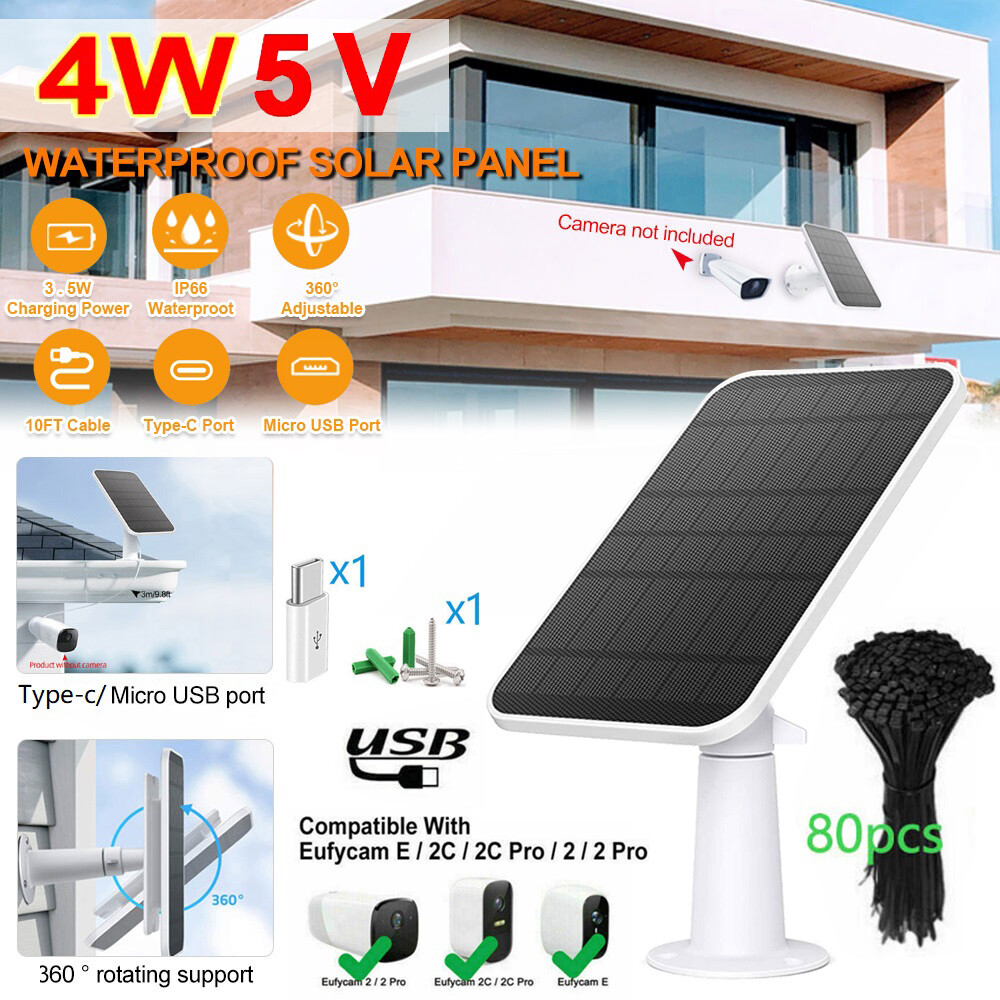 4W Solar Panel for Eufy Eufycam Cam E/2C/E/2 Pro Wall Mount W/ 9.8ft Power Cable