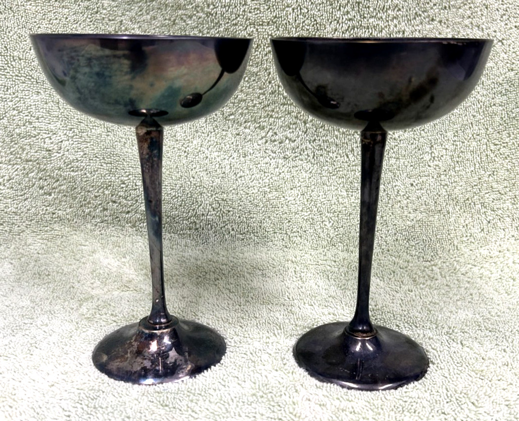 Pair Vintage AMC India Silver Plated Champagne Wine Glass Natural Patina 6.25"H