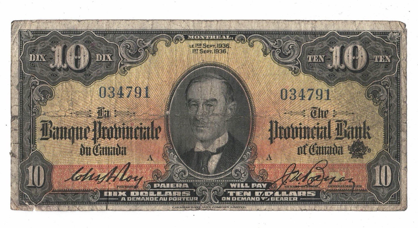 1936 Provincial Bank Of Canada 10$ Orange Back 034791 - Fine -