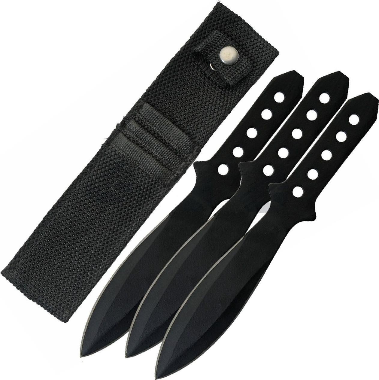 Throwing Knife Set 3-Pc Black Stainless Steel 4in Blade Full Tang + Nylon Sheath