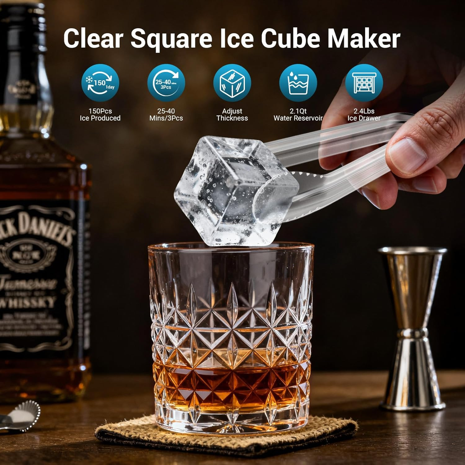 Large Square Ice Cube Maker, 3Pcs in 25Mins, Self-Cleaning, Adjustable Size