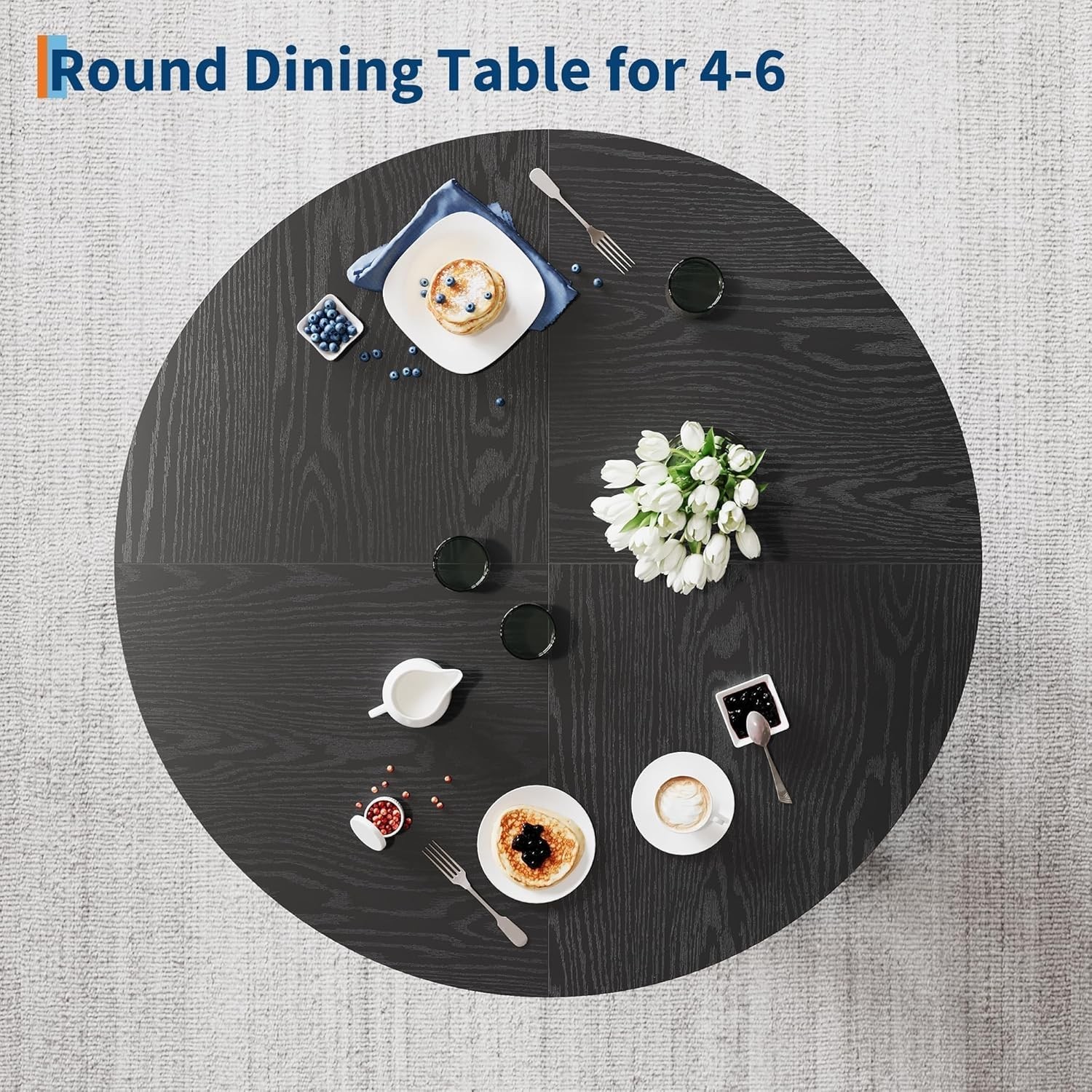 47" Round Dining Table 4-6 Wood Kitchen Table W/ Sturdy Base Farmhouse Circle