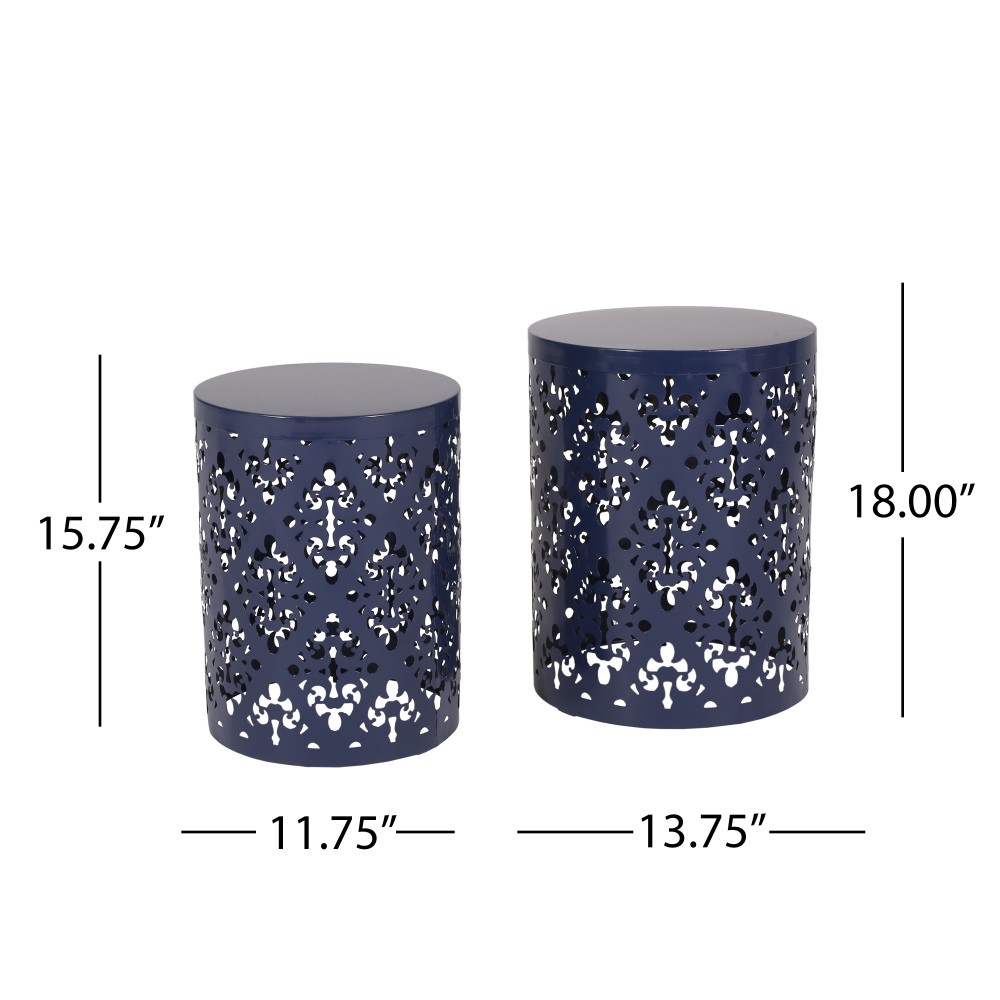 Modern Outdoor Side Table Set of 2, Navy Blue, Powder Coated Iron, No Cushions
