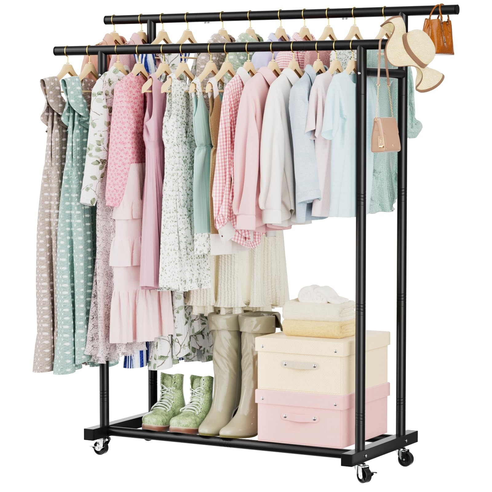 Double Rods Clothes Rack for Hanging Clothes, Clothing Rack with Wheels, Port...