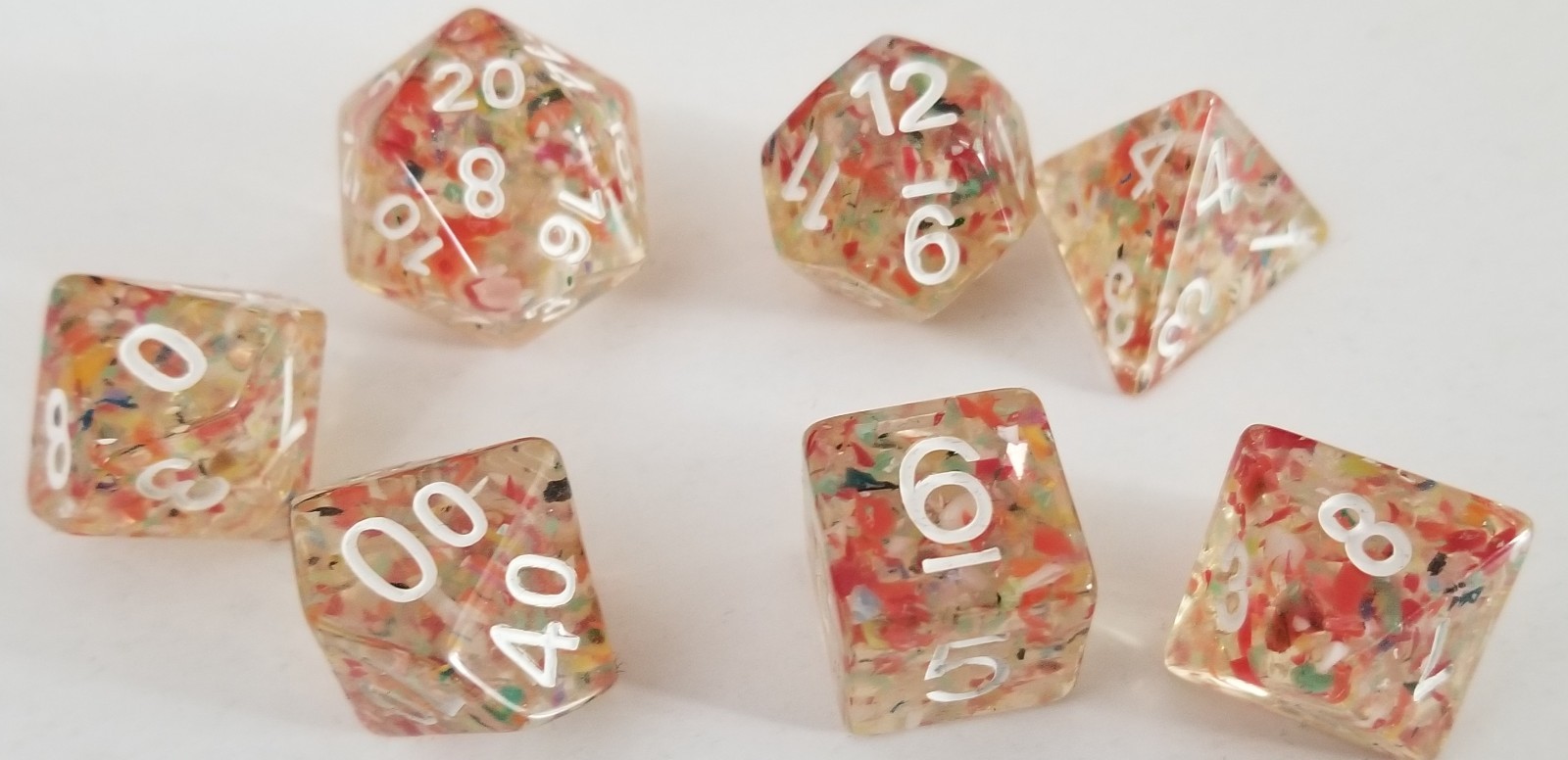 D&D Dice set of 7, Clear Confetti with white numbers, Case included