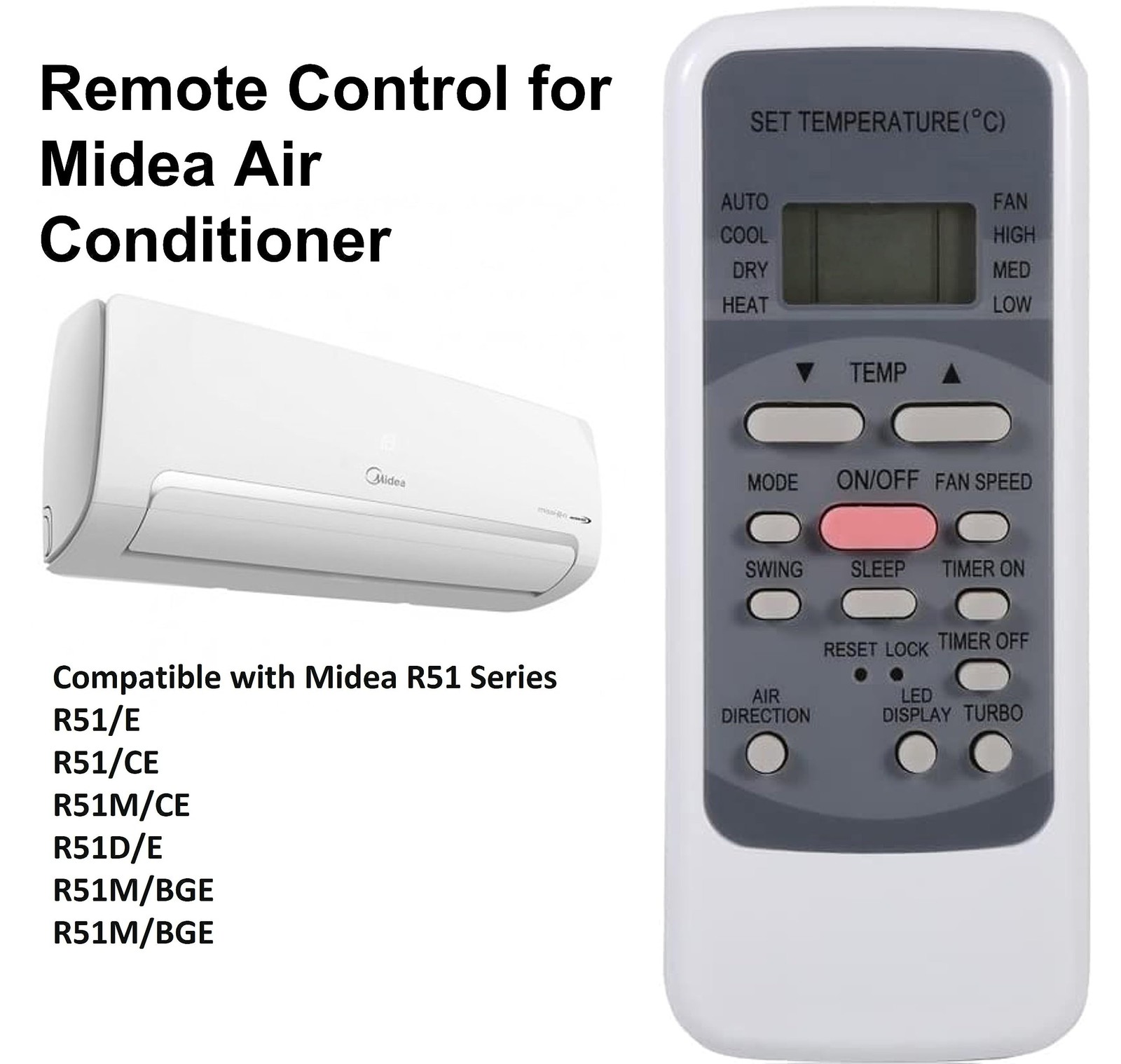 Universal Remote Control Replacement for Midea Air Conditioner black/white