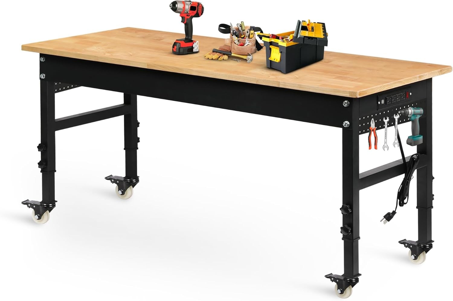 60" Adjustable Workbench on Wheels Rubber Wood Heavy Duty Workstation