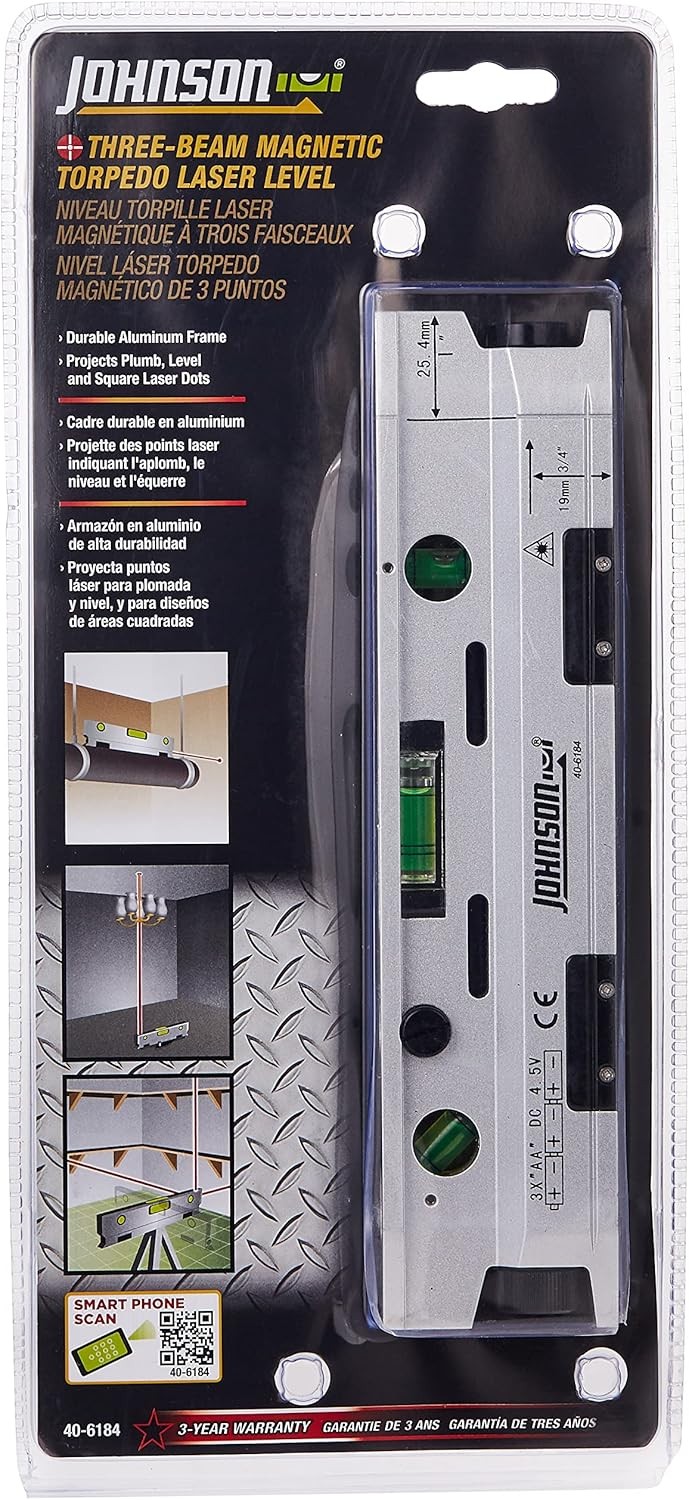 Johnson Level & Tool 40-6184 Magnetic Torpedo Laser Level, 1, Silver & Black