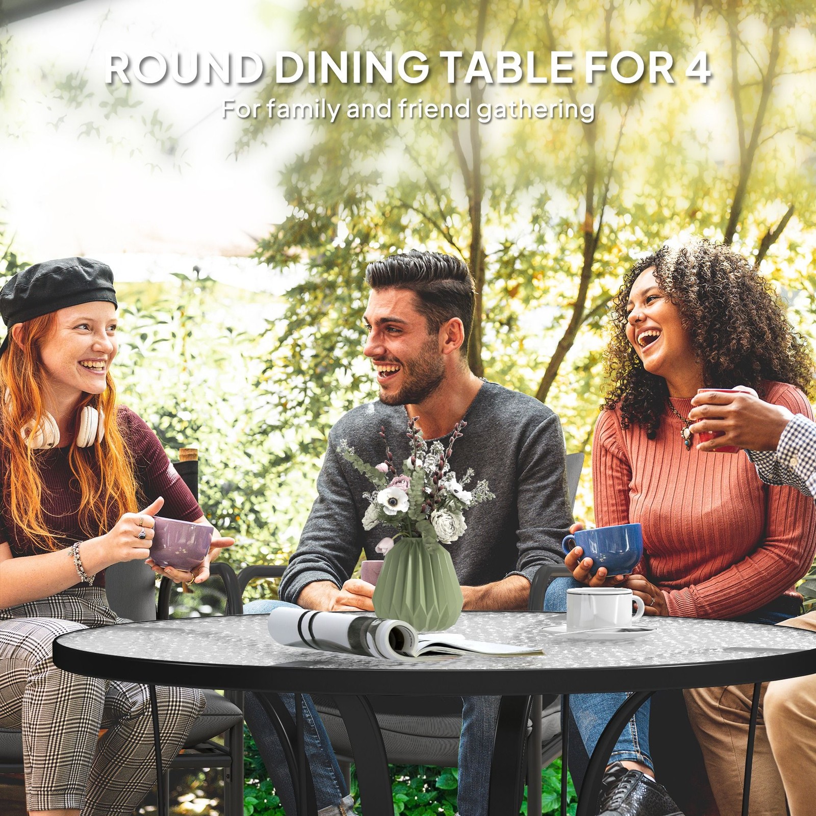 Black 38" Round Dining Table: Tempered Glass, Rust-Proof Frame, 110lb Cap