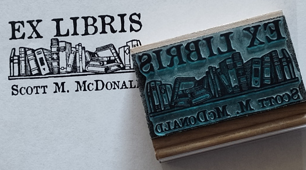 Custom Bookshelf Ex Libris wood mounted bookplate rubber stamp by Amazing Arts